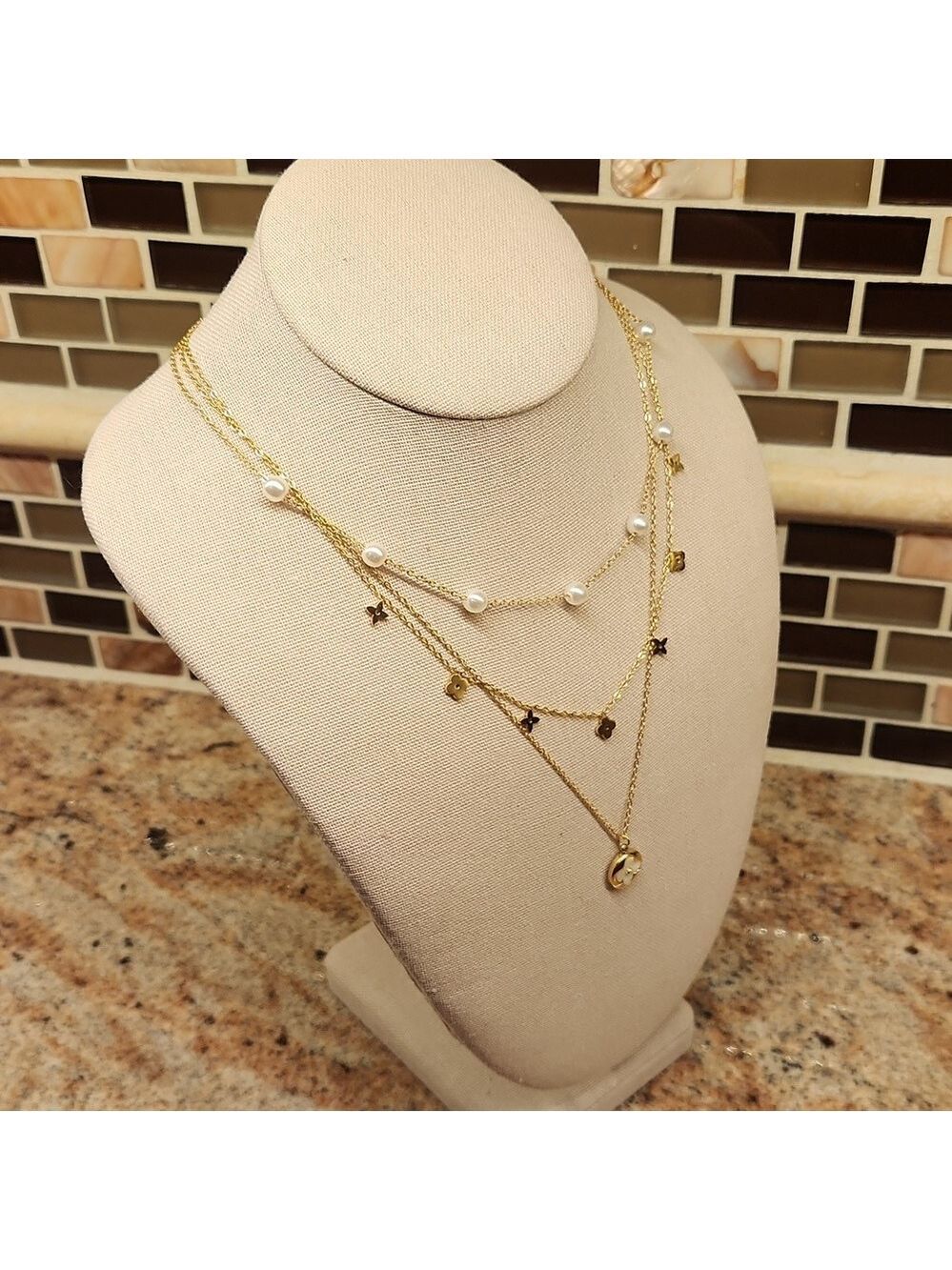 18K Gold Plated Layered Clover & Faux Pearl Station Necklace - Picture 5 of 10
